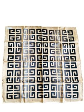 Givenchy 22.5” Cotton Handkerchief Scarf NWT Beige Silver Logo Greek Key Japan